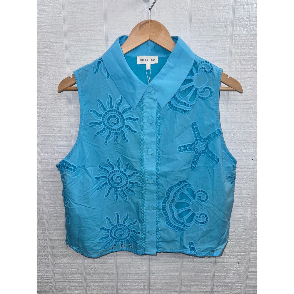 Entro Sleeveless Top Women Turquoise Coastal Eyelet Sun Starfish Large